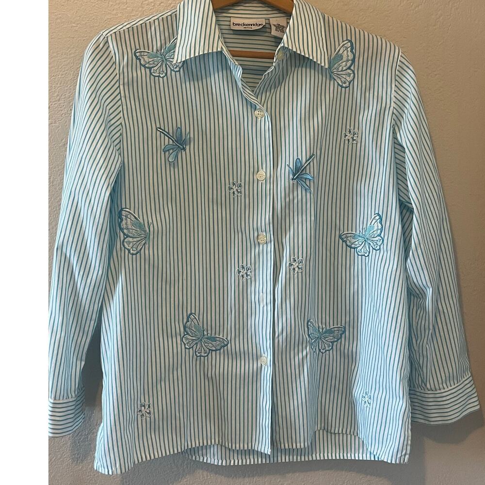 Vintage Women's Breckenridge Button Down Blue White Embroidered Shirt Size P Med